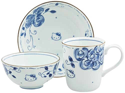 Sanrio 307741 Hello Kitty Blue Rose (Dyed) Rice Bowl Mug Pot 3-Piece Set (Presentation Box)