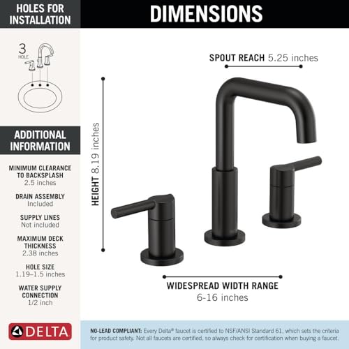 Image of Delta Nicoli Matte Black Bathroom Faucet 3 Hole, 8 Inch Widespread Bathroom Sink Faucet for Vanity, Push-Pop Drain Assembly, Matte Black 35849LF-BL