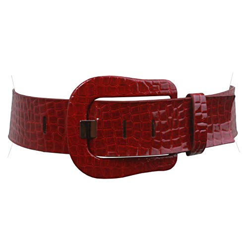 Ladies Croco Print Western Buckle Patent Leather Wide Fashion Belt, Red | S/M - 32