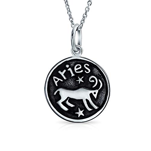 Aries Zodiac Sign Astrology Horoscope Round Medallion Pendant Women Necklace Antiqued .925 Sterling Silver