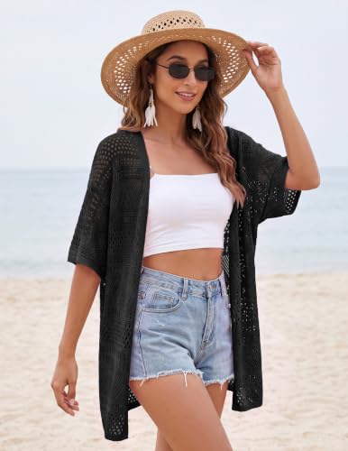 Image of GRACE KARIN Women Lightweight Summer Cardigan Crochet Knit Kimono Sweaters | Lightweight Crochet Knit Fabric, Short-sleeve Open-front Oversized Kimono, Ideal Casual Outerwear for Summer Daily Wear