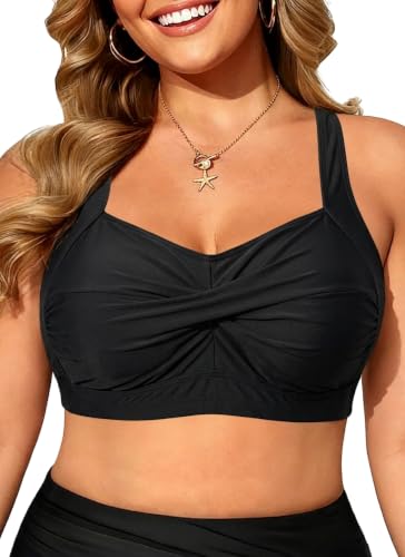 Daci Women Plus Size Push up Bikini Top Only Full Coverage Swimsuit Tops Twist Front Bathing Suit Bra for Large Bust Black 18 Plus