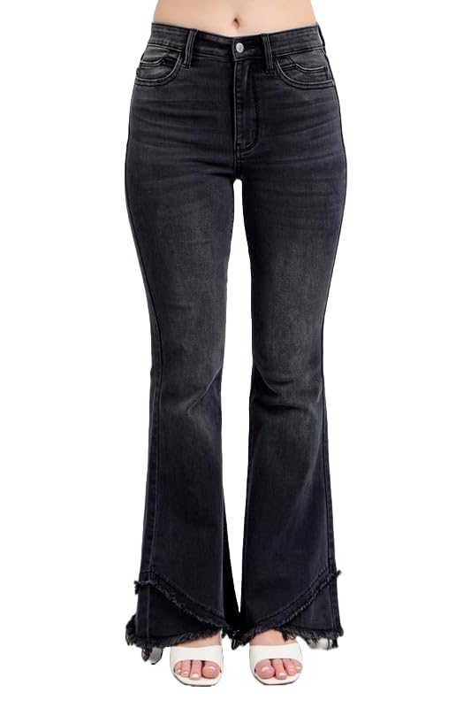 Judy Blue Women's High Waist Flare Jeans with Mock Fray Tulip Hem Stretch Denim.