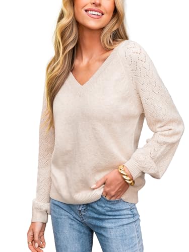 Image of CUPSHE Womens Sweaters V Neck Long Sleeve Lightweight Soft Crochet Casual Pullover Sweater Tops