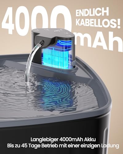 Kittyspout Trinkbrunnen für Hunde Kabellos 8L/270 oz Grosse Hundebrunnen Katzenbrunnen mit Bewegungsmelder, Hunde Trinkbrunnen Kabellos mit Akku 4000mAh, mit Leiser Pumpe und Aktivkohlefilter