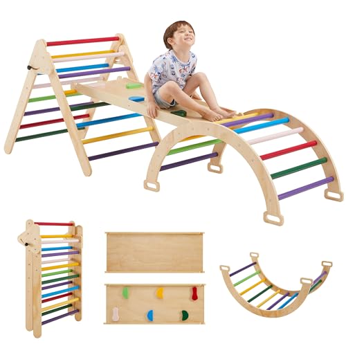5-in-1-Pikler-Triangle-Gym-Montessori-Foldable-Wooden-Climbing-Set-with-Ramp-Arch-Climber-and-Rocker-Toddlers-Climbing-Triangle-Learning-Waldorf-Children-Jungle-Gym-for-Kids-2-6-Years-Rainbow