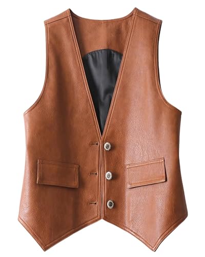 Women's Faux Leather Suit Vest V Neck Vintage Western Vest Casual Waistcoat2