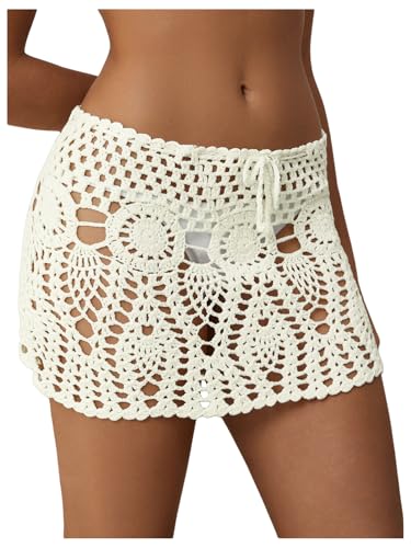 MakeMeChic Women's Crochet Cover Up Skirt High Waist Drawstring Knit