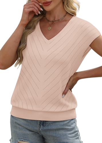 Image of WIHOLL Short Sleeve Sweater for Women V Neck Trendy Summer Tops 2026 Beach Vacation Clothes Travel Business Casual Outfits