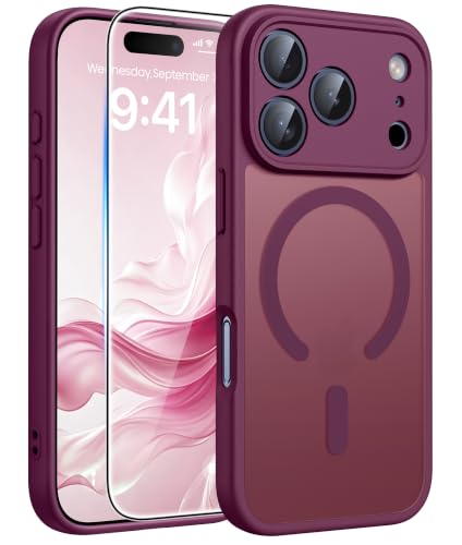 Image of FNTCASE for iPhone 17 Pro-Max Case: Translucent Wine Red Slim Matte Cover Compatible with MagSafe, Full Camera Protection & Tempered Glass Protector, 14FT Military Grade Drop Tested
