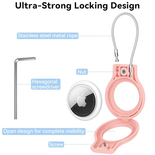 Image of Meliya at Holder for Apple at Secure Holder with Wire Cable, 4 Pack Air Tag Lock Case Keychain Key Ring Key Chain Luggage Tag for Keys, Luggage & More - Pink