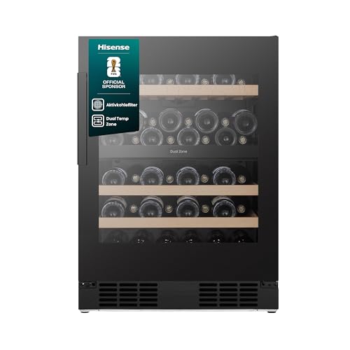 Hisense RW3N122GSLF Armoire à vin autonome EEK F/Capacité de 46 bouteilles/wifi/façade en verre anti-UV/DualZone/Multi Air Flow/Bois/Étagères à fermeture douce/HxlxP : 81,9 x 59,5 x 57,5