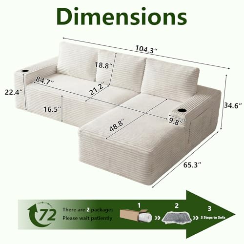 Image of 104.3 inch Modular Sectional Sofa,Modern Corduroy Cloud Couch with Cup Holder & Side Pockets,Boneless Couch Upholstered 4-Seater L-Shaped Sofa for Living Room,No Assembly (White, Right-Facing Chaise) | with Cup Holder