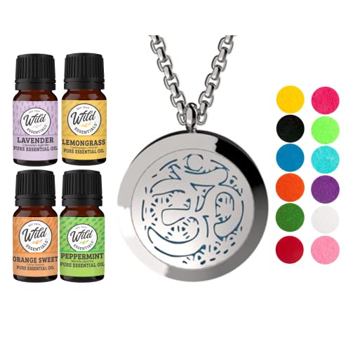 Wild Essentials Aum Om Necklace Essential Oil Diffuser Kit with Lavender, Lemongrass, Peppermint, Orange Oils, 12 Refill Pads, Calming Aromatherapy Gift Set, Customizable Color Changing, Perfume