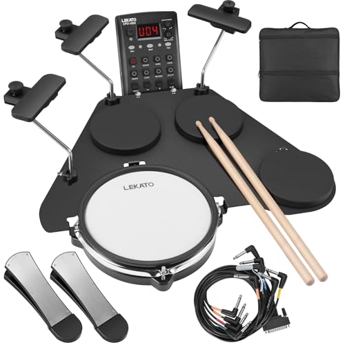 LEKATO CPD-1000 Electronic Drum Set with Quiet Mesh Pads, Portable Electric Drum Set, 220+ Sounds, USB MIDI, 2 Robust Footswitch, Sticks, Travel Bag