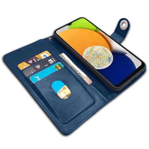 Image of Pikkme Samsung Galaxy A03 Flip Cover Leather Finish | Inside TPU with Card Pockets | Wallet Stand and Shock Proof | Complete Protection Button Flip Case (Blue)