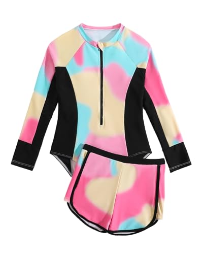 Girls Swimming Costume Padded Bras Long Sleeve Girl Swimsuit Zipper Two Pieces Teen Swimming Suit with Swim Short Summer Beach Kids Swimwear Rashgard,Pink 11-12 Years