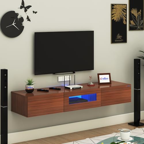 Image of Anikaa Lucen Wall Mount Modern Floating TV Unit for Living Room | 3 Closed Storage cabinets with hinged Door - Blue Color LED Light | Ideal for UP to 55 Inch TV (Walnut Finish - DIY Installation)