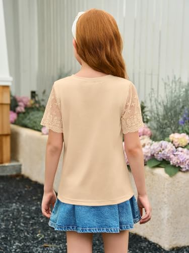 Image of Haloumoning Girls Lace Short Sleeve T Shirts Kids Summer Crewneck Tunic Tops Curved Hem 5-14 Years
