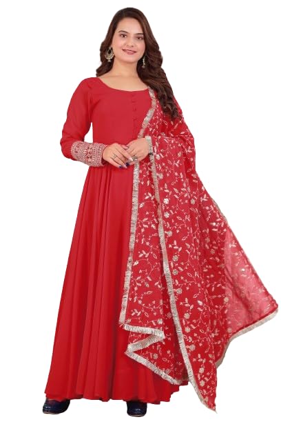 Image of ROYALICA Women's Georgette Gown Set with Solid Pattern Floor Length Round Neck Fit & Flare Full Sleeves Gown Pant and Embroidery Work Dupatta | Anarkali Gown Set for Women