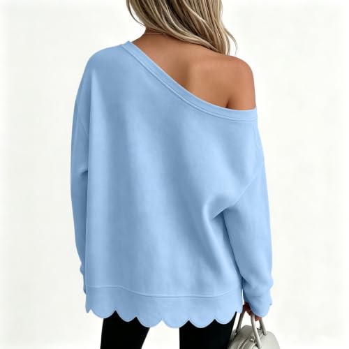 Womens Off Shoulder Sweatshirt Loose Fit Scalloped Fall Casual Sweatshirts - image 4