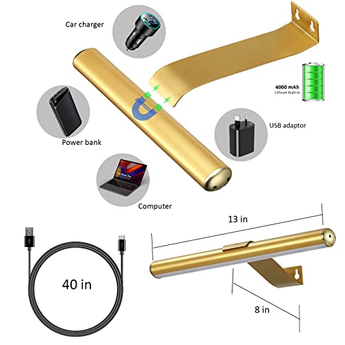 Image of Wireless Picture Light Battery Operated,Rechargeable Painting Light with Remote Control, Metal Art Display Lamp,3 Modes,Dimmable Dartboard Light with Timer for Frame Gallery,300LM, Gold