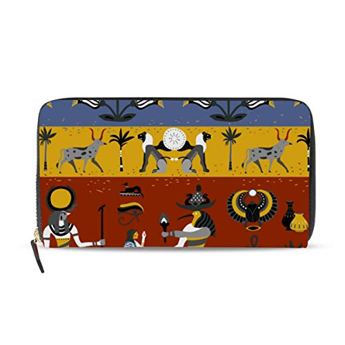 Portefeuille long en cuir pour femme avec zip et motifs hiéroglyphes