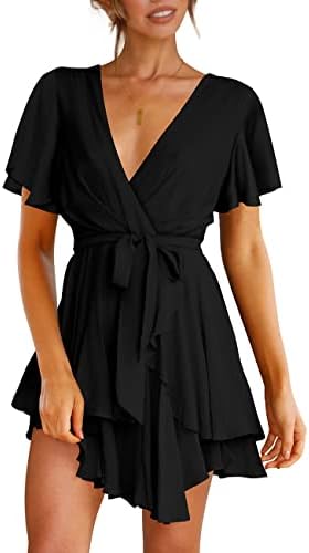 Cosonsen Womens Black Dresses Short Sleeve Deep V-Neck Tie Waist Sexy Dress M