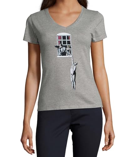 T-shirt col V femme gris haut en coton motif Street Art Banksy vêtement été
