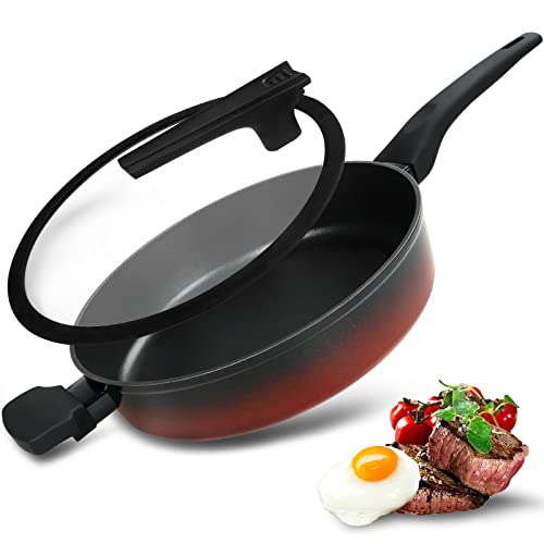 FAVIA Sartén antiadherente con tapa de 11 pulgadas de profundidad, sartenes antiadherentes (mango negro con tapa, 11 pulgadas)