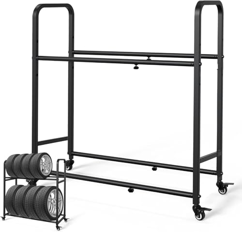 タイヤラック スタンド 内幅105cm 縦 置き 横 大型 8本タイヤ収納 高さ3段調整可能 キャスター付き 屋外 タイヤ収納ラック タイヤスタンド 横揺れ防止 物置 ワイドサイズ 組立簡単 保管 ガレージ収納 軽自動車 普通車 大型車 RV車 SUV