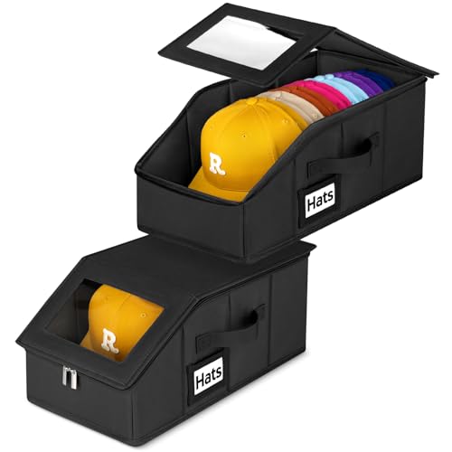 Dofilachy 2 Pack Stackable Hat Storage for Baseball Caps, Holds 28 Caps - Closet Organizer Box with Clear Window & Cardboard，Sturdy Snapback Hat Boxes for Home Storage (dark, 2)