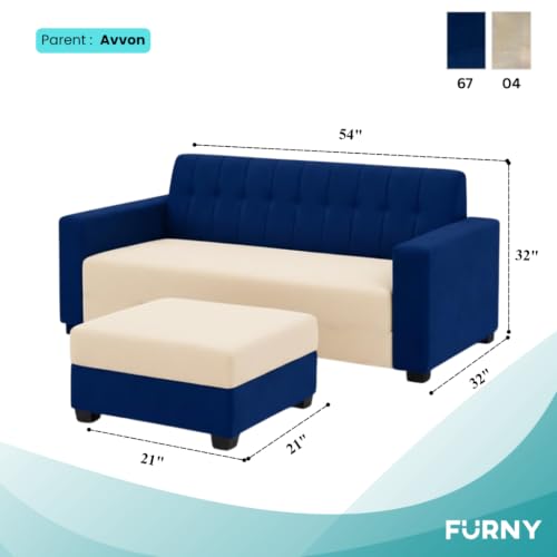 Image of FURNY Luxora 2 Seater Fabric Sofa Set with 1 Ottoman (Dark Blue-Cream) with Velvet Finish | Durable Comfort | Ideal for Living Room. | Breathable material
