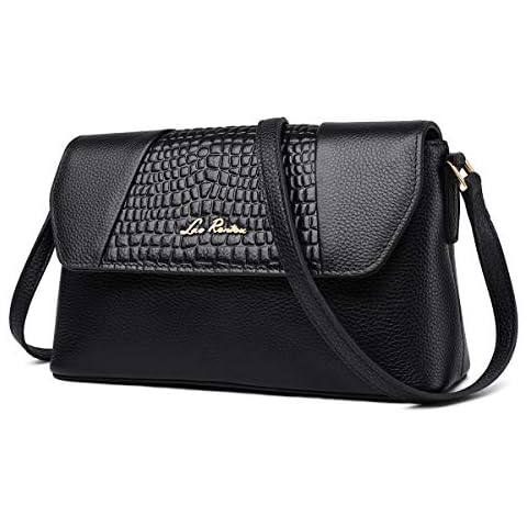 LAORENTOU Women‘s Genuine Leather Shoulder Bag Small Crossbody Purse Handbags Fashion Crocodile Skin Black Size: S Cover