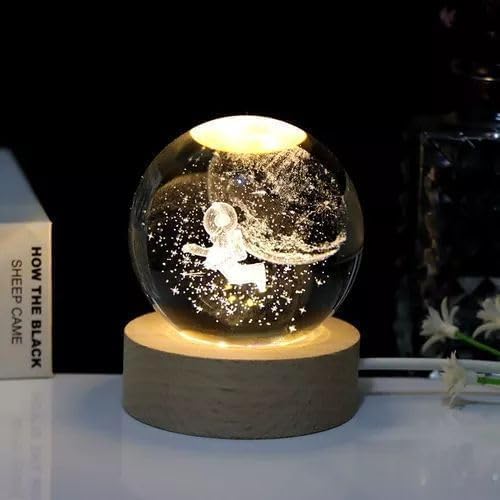 Image of Desidiya 3D Crystal Ball Night Light Space Astronaut Half Moon with LED Wooden Stand, Room Decor Glass Sphere Lamp Night Light Gifts for Women Men Dad Mom Kids