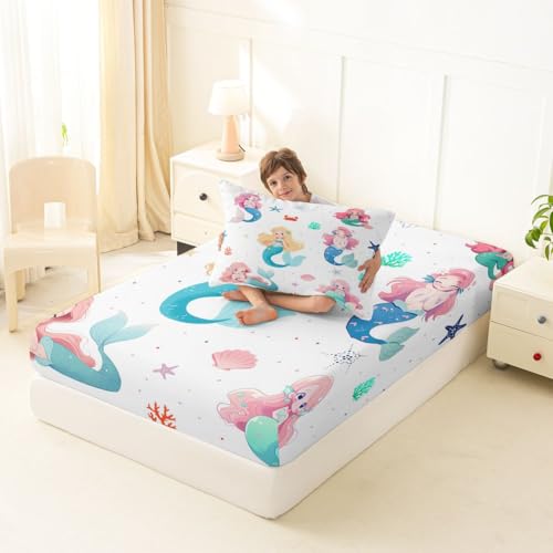 Image of jejeloiu Mermaid Bed Sheets Set Twin Size Mermaid Tail Deep Pocket Fitted Sheet Sea Animal Bedding Sets Ocean Theme Soft Bed Set 3Pcs with 1 Pillow Cases