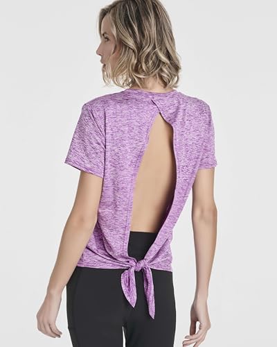 Real Essentials 5 Pack: Women's Short Sleeve Open Back Tie Back Dry-Fit T-Shirt Yoga Gym Workout Top3