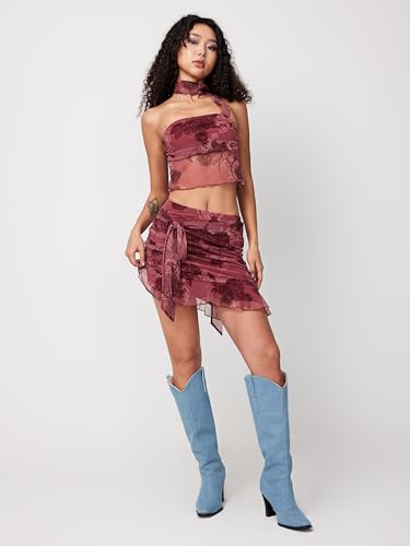 CIDER Chiffon High Waist Floral Knotted Mini Skirt3