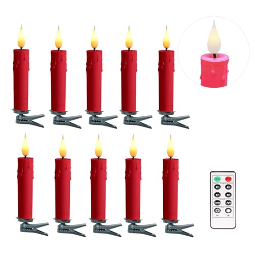Romingo Set of 10 PCS Flickering Christmas Tree Candle Lights Clip on Candles for Christmas Tree Battery Operated with Remote Flameless LED Window Candles for Home Christmas Party Decoration