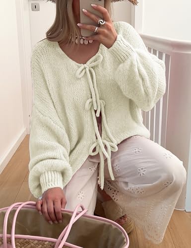 Lumister Cute Oversized Cardigan Sweaters for Women Y2K Long Sleeve V Neck Bow Tie Front Cadigan Knitwears Bow Tops2