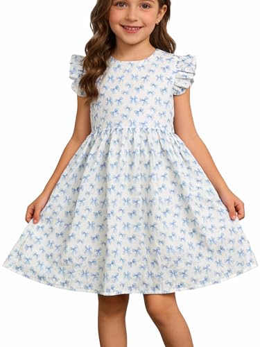 Floral Cotton Girls Dresses Summer Girl Clothes (US, Age, 6 Years, 7 Years, Blue Butterfly)