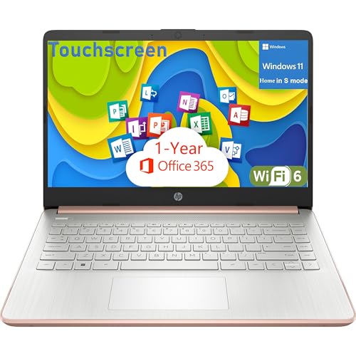 HP 14' Touchscreen Laptop Computer for Student Home, 1-Year Office 365, Intel Processor, 8GB RAM, 1TB Cloud & 256GB PCIe SSD Storage, WiFi 6, Bluetooth 5.4, Type-C, HDMI, Pale Rose Gold, Windows 11 S