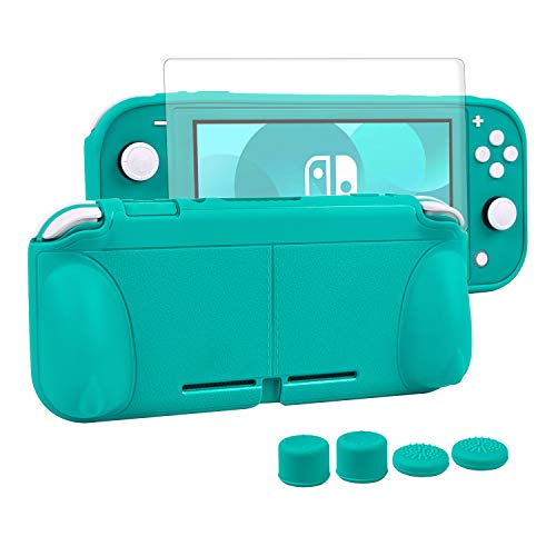 CHIN FAI Grip Case with Screen Protector for Nintendo Switch Lite 2019, Hard TPU Protective Case Cover for Switch Lite [Self Stand][4 Thumb Stick Caps] (Turquoise)