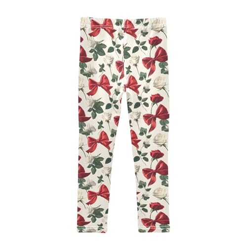 White Roses Red Bows Girls Leggings Ultra Soft Compression Yoga Gym Pants for Kids 4-10T2