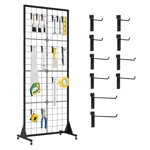 Mutualsign Pannello a Griglia su Piedistallo 65x172 cm – Espositore in Metallo con Ruote, Ganci Inclusi, Smontabile per Negozi, Mercatini, Fiere Artigianali ed Eventi Decorativi