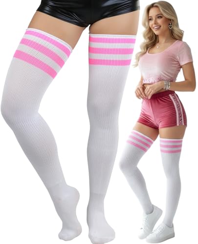 Image of ToBeInStyle Women's Heavyweight Knit Thigh High Long Socks w /Contrast 3 Stripe Top Band