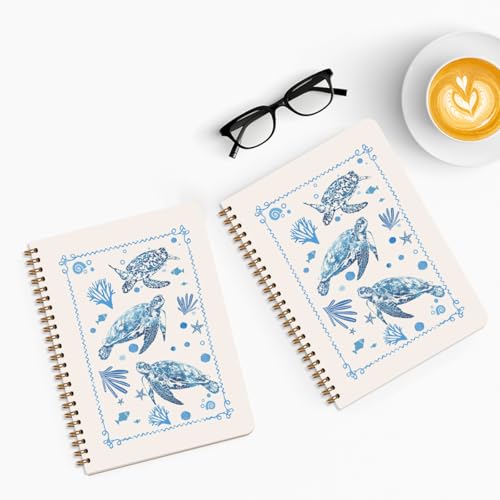 Image of 2 Pcs Sea Turtle Spiral Notebooks for Work, A5(8.3x5.8inch) Composition Notebook College Ruled Note Book, Blue Coral Notepads Lined Travel Journal for Writing, Cute Diary Sea Turtle Gifts for Women