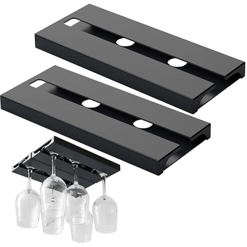 Tkxjry 2 Pezzi Portabicchieri Sospeso, 25.3 * 11 * 2cm Portabicchieri Appendere, Porta Bicchiere di Vino Appeso, Supporto per Calici Vino Senza Foratura, Wine Glass Rack, Für Familie Hotel Bar (Nero)