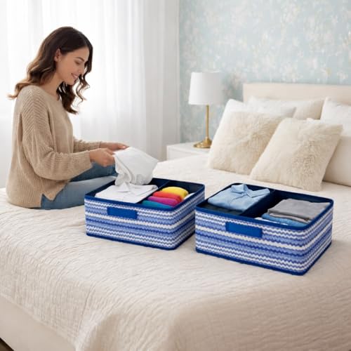 Image of DALUCI Foldable Wardrobe Organizer Storage Box (Pack of 6, Blue) | Premium Clothes Storage Basket for Wardrobe & Closet | Strong Non-Woven Foldable Boxes for Storage | Space Saving Cloth Organizer