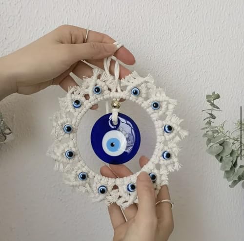 Image of White Macrame Evil Eye Wall Hanging for Home Decor & Nazar Protection | Big Turkish Evil Eye for Main Door Entrance | Handmade Boho Wall Hanging | Aesthetic Diwali & Housewarming Gift